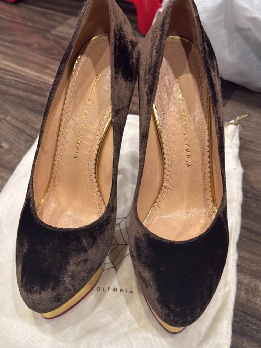 Charlotte Olympia Dark Brown Velvet Platform Pumps with Gold Trim